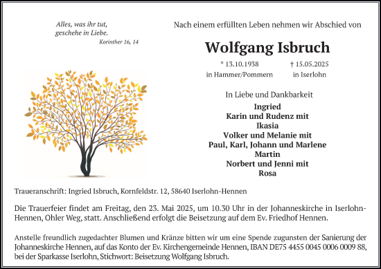 Traueranzeige von Wolfgang Isbruch von Tageszeitung