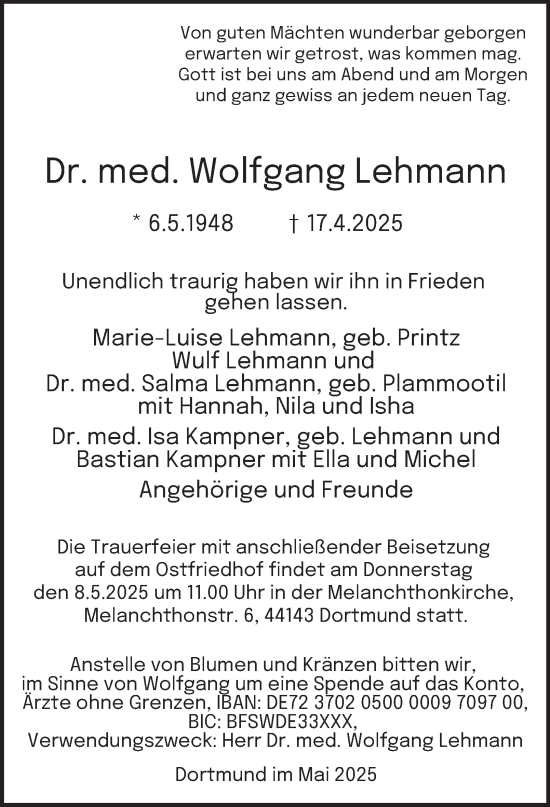 Traueranzeige von Wolfgang Lehmann von Tageszeitung