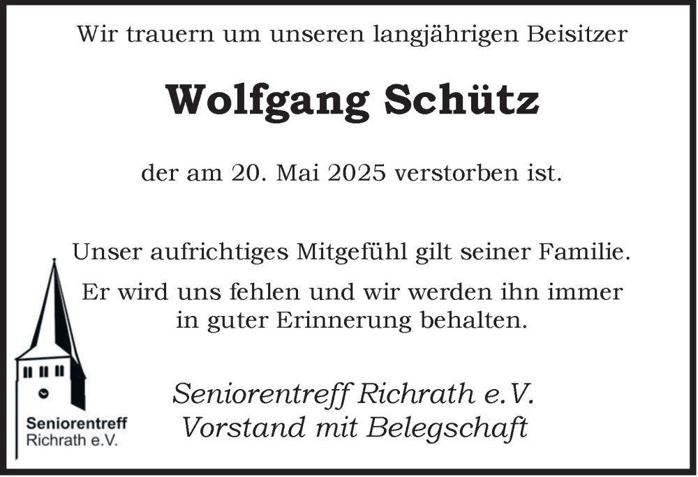  Traueranzeige für Wolfgang Schütz vom 31.05.2025 aus Tageszeitung