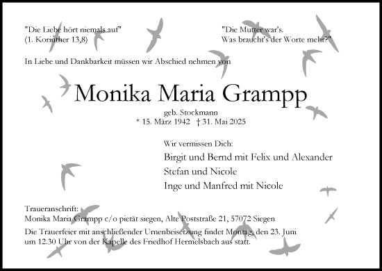 Traueranzeige von Monika Maria Grampp von Tageszeitung