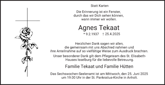 Traueranzeige von Agnes Tekaat von Tageszeitung