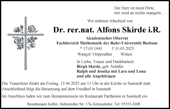 Traueranzeige von Alfons Skirde von Tageszeitung