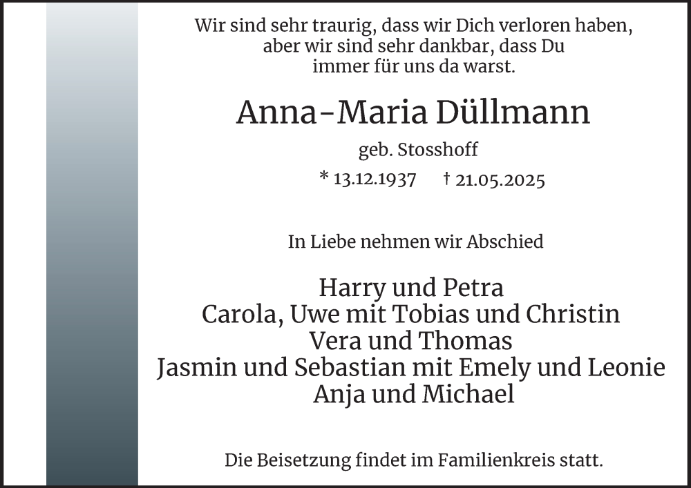  Traueranzeige für Anna-Maria Düllmann vom 07.06.2025 aus Tageszeitung
