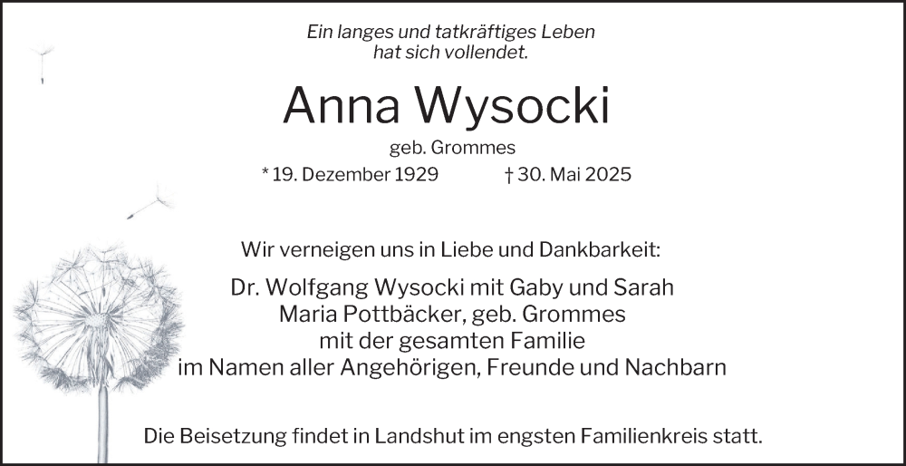  Traueranzeige für Anna Wysocki vom 07.06.2025 aus Tageszeitung