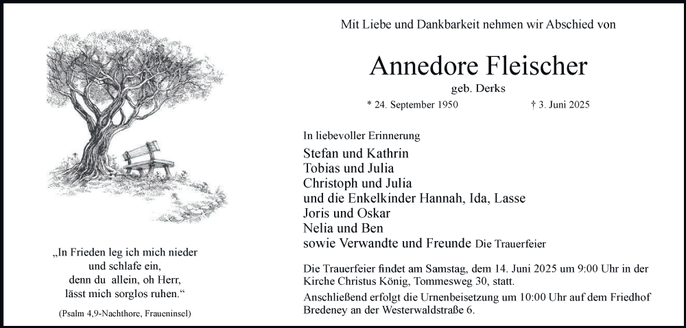  Traueranzeige für Annedore Fleischer vom 07.06.2025 aus Tageszeitung