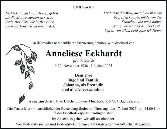Traueranzeige von Anneliese Eckhardt von Tageszeitung