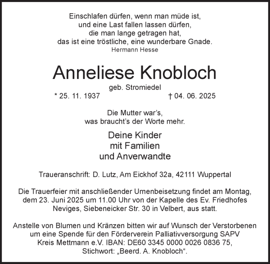 Traueranzeige von Anneliese Knobloch von Tageszeitung