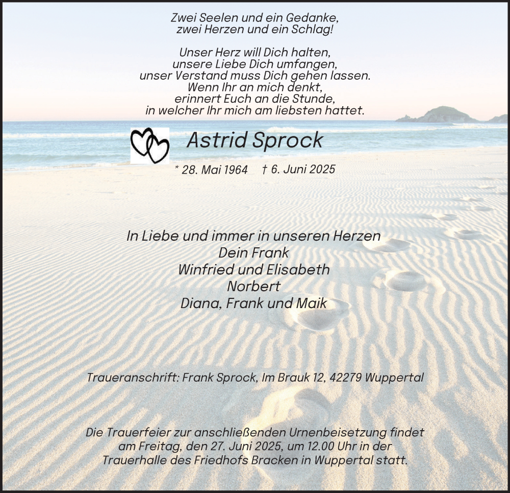  Traueranzeige für Astrid Sprock vom 21.06.2025 aus Tageszeitung