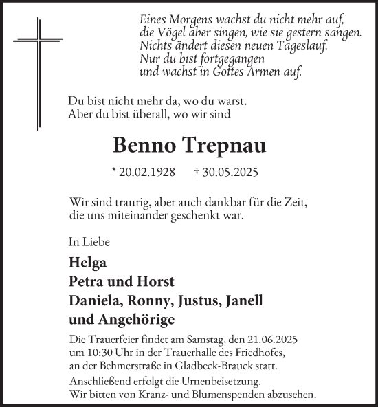 Traueranzeige von Benno Trepnau von Tageszeitung