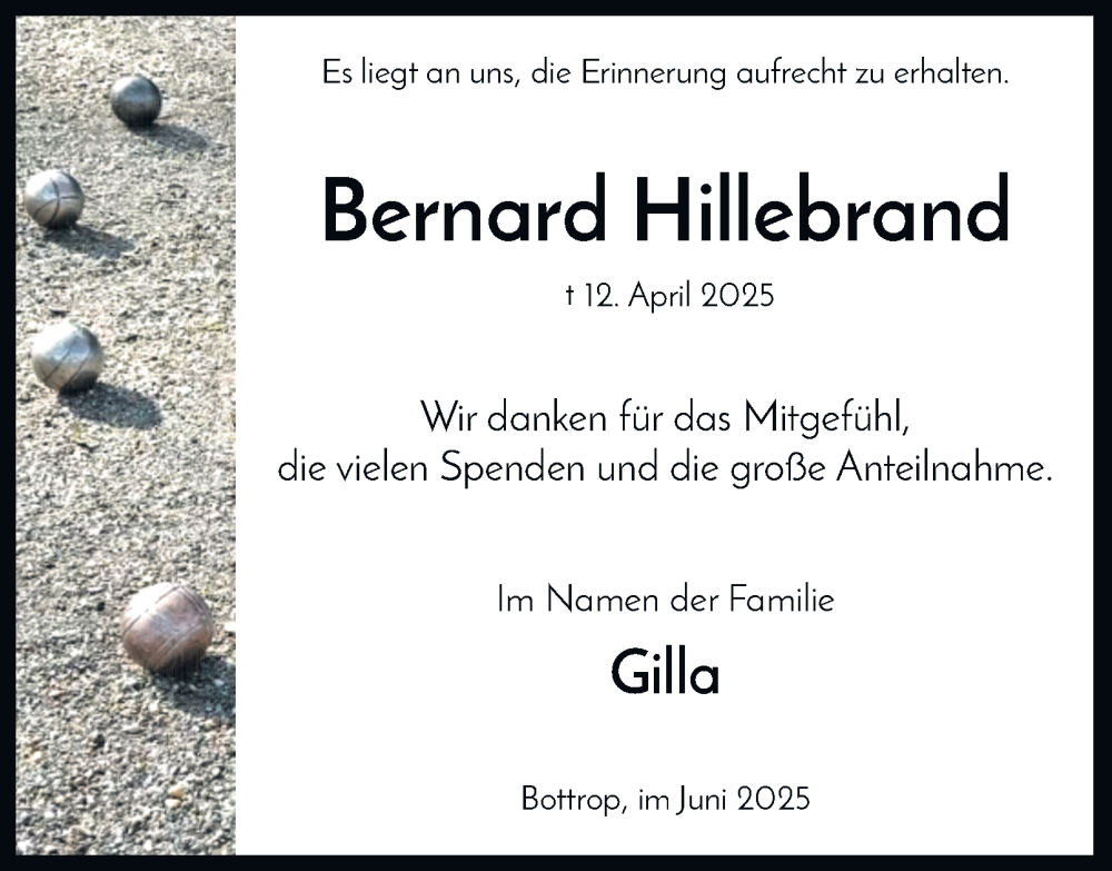  Traueranzeige für Bernard Hillebrand vom 14.06.2025 aus Tageszeitung