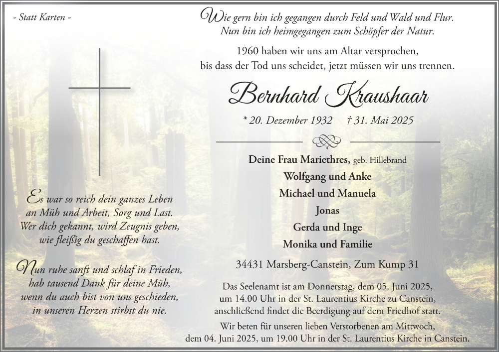  Traueranzeige für Bernhard Kraushaar vom 04.06.2025 aus Tageszeitung