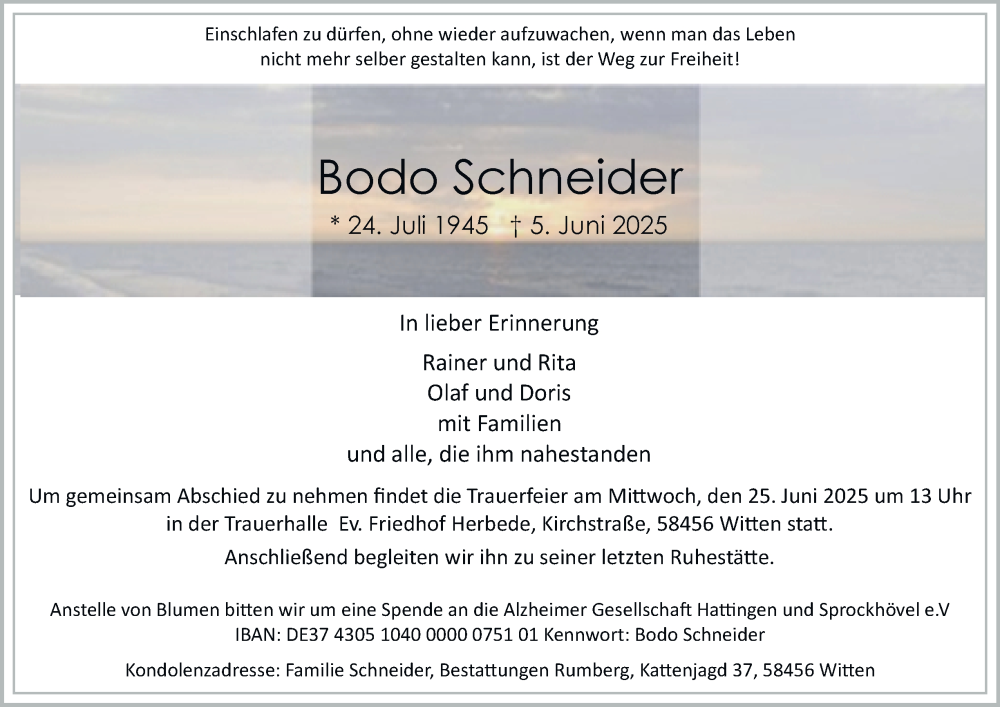  Traueranzeige für Bodo Schneider vom 21.06.2025 aus Tageszeitung