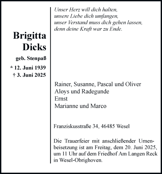 Traueranzeige von Brigitta Dicks von Tageszeitung