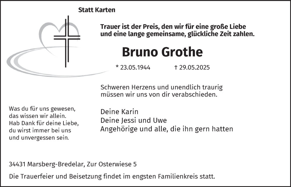  Traueranzeige für Bruno Grothe vom 07.06.2025 aus Tageszeitung