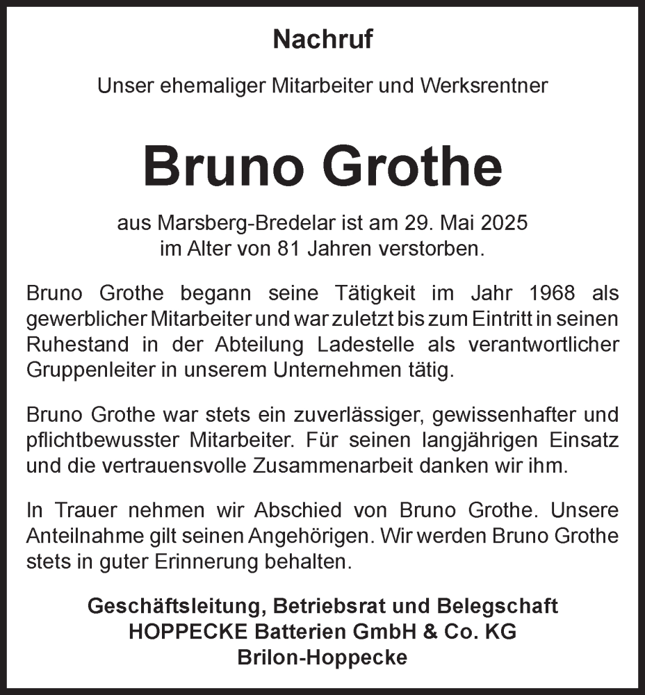  Traueranzeige für Bruno Grothe vom 12.06.2025 aus Tageszeitung