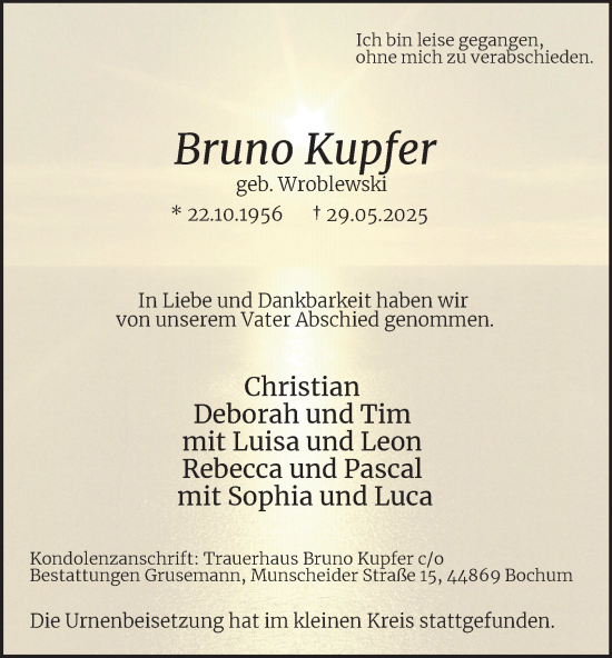 Traueranzeige von Bruno Kupfer von Tageszeitung