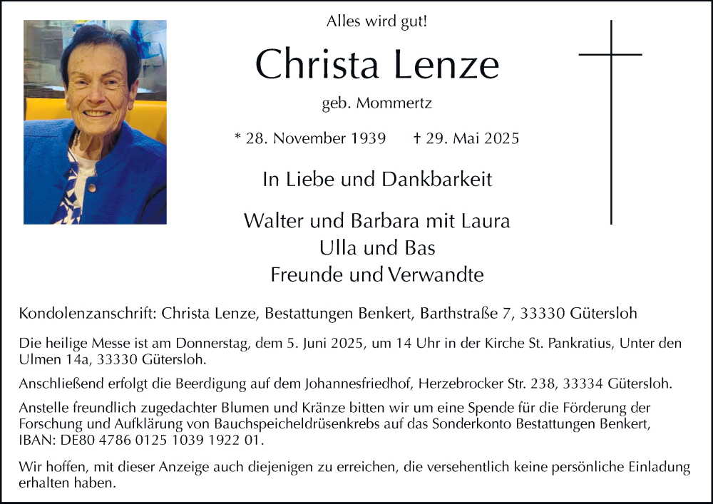  Traueranzeige für Christa Lenze vom 04.06.2025 aus Tageszeitung