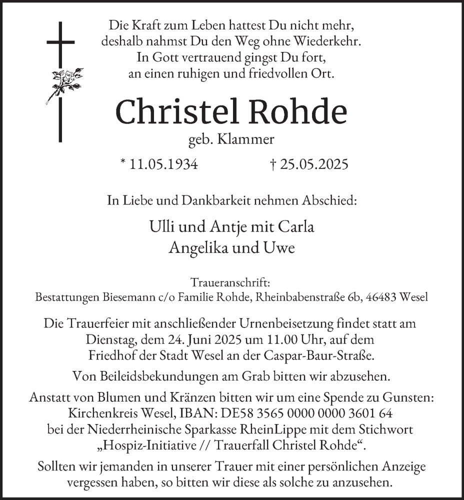  Traueranzeige für Christel Rohde vom 21.06.2025 aus Tageszeitung