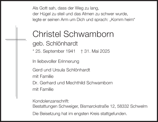 Traueranzeige von Christel Schwamborn von Tageszeitung