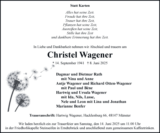 Traueranzeige von Christel Wagener von Tageszeitung