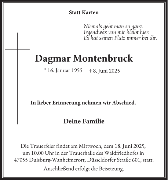 Traueranzeige von Dagmar Montenbruck von Tageszeitung