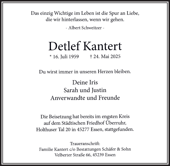 Traueranzeige von Detlef Kantert von Tageszeitung