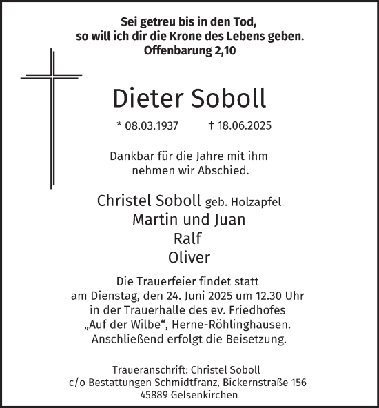 Traueranzeige von Dieter Soboll von Tageszeitung