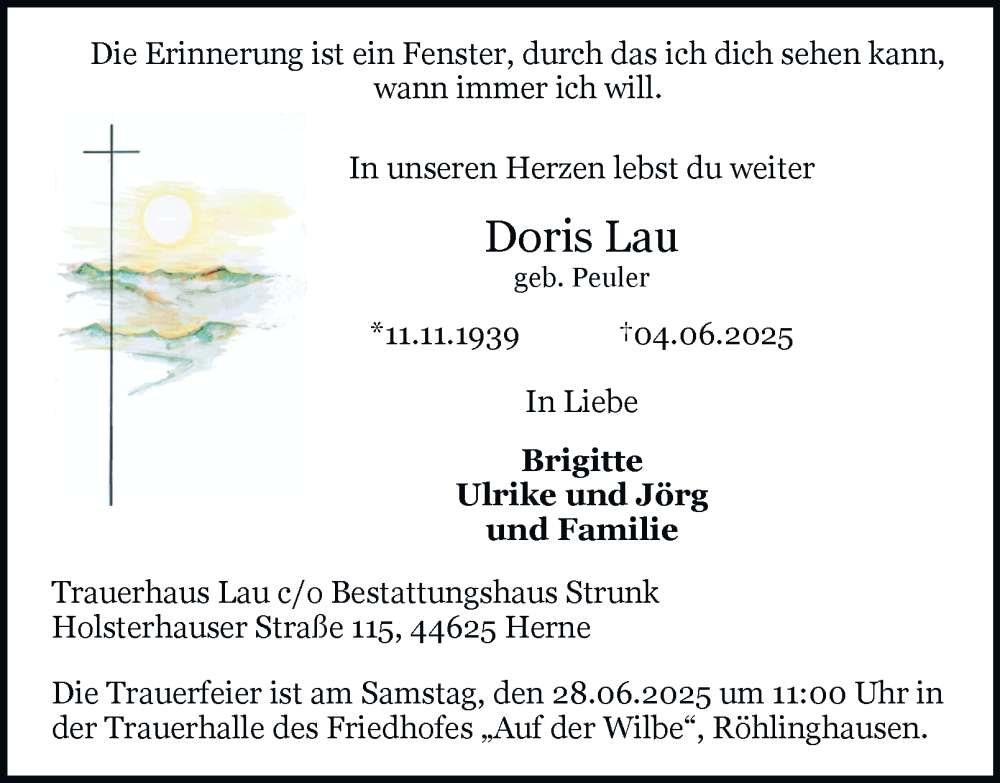  Traueranzeige für Doris Lau vom 26.06.2025 aus Tageszeitung