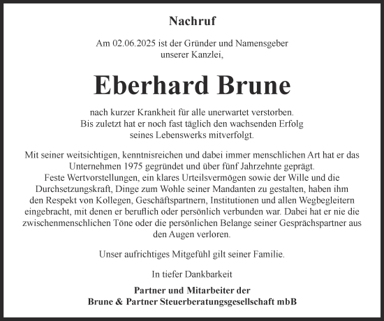 Traueranzeige von Eberhard Brune von Tageszeitung