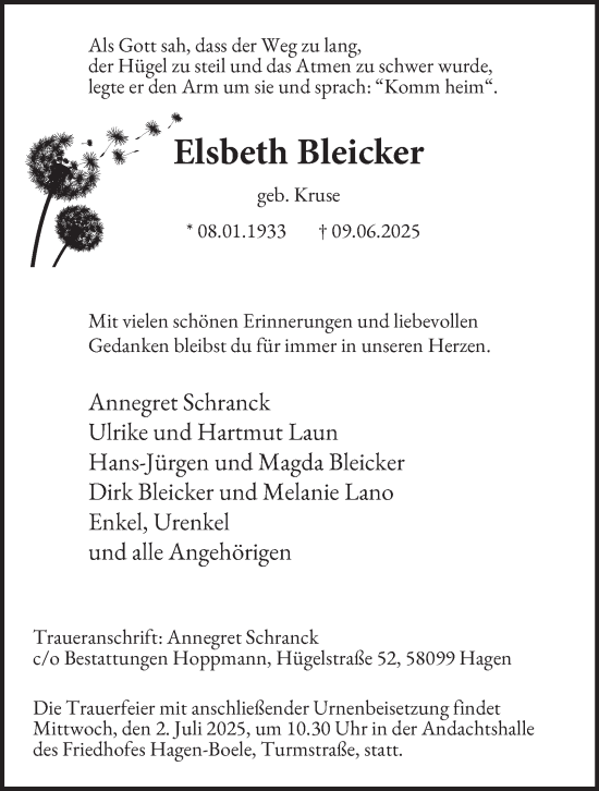 Traueranzeige von Elsbeth Bleicker von Tageszeitung