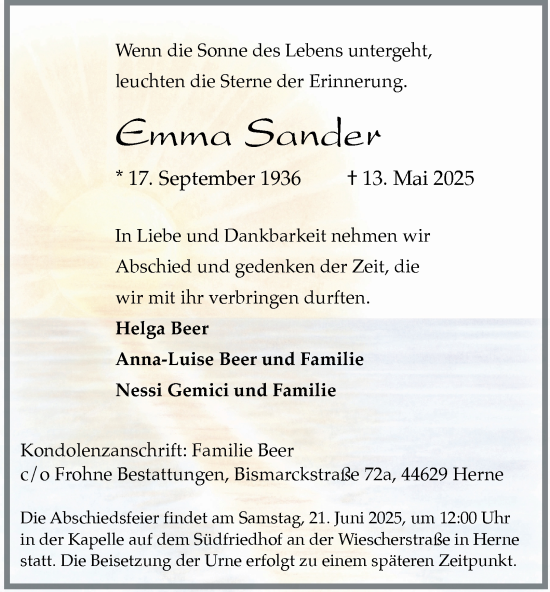 Traueranzeige von Emma Sander von Tageszeitung