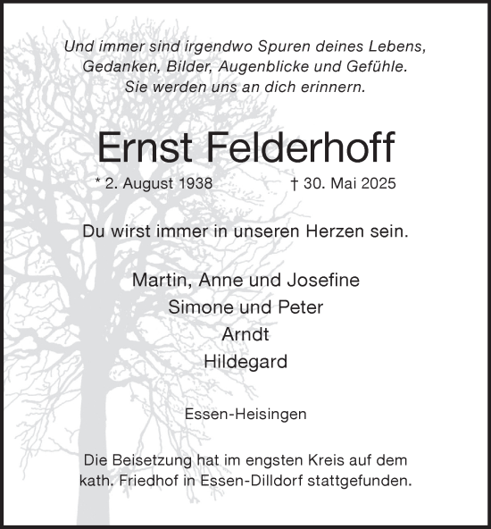 Traueranzeige von Ernst Felderhoff von Tageszeitung