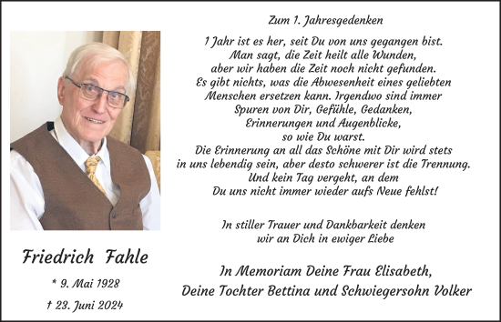 Traueranzeige von Friedrich Fahle von Tageszeitung