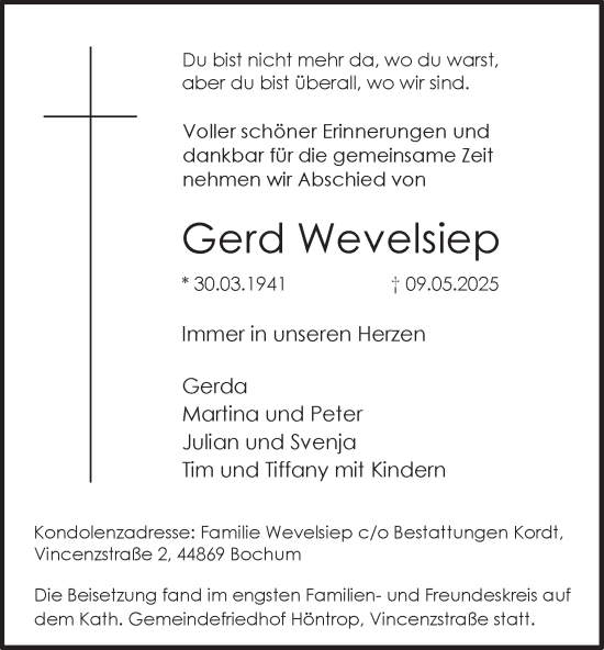 Traueranzeige von Gerd Wevelsiep von Tageszeitung