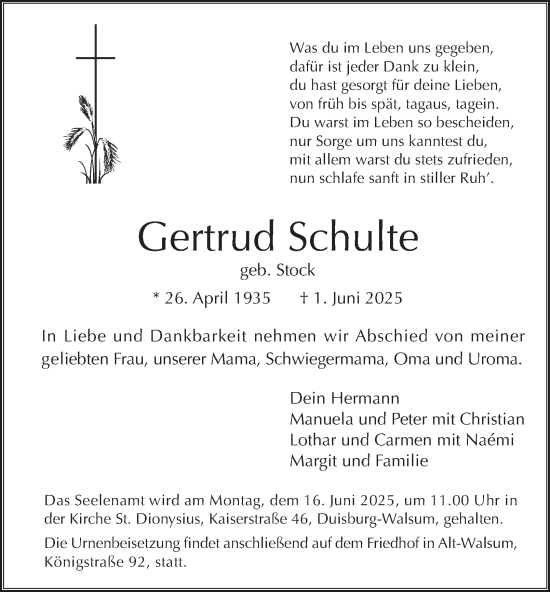 Traueranzeige von Gertrud Schulte von Tageszeitung