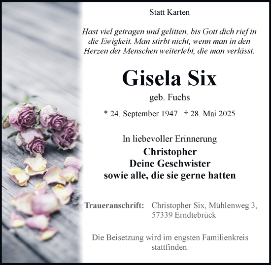 Traueranzeige von Gisela Six von Tageszeitung