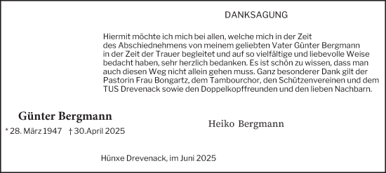 Traueranzeige von Günter Bergmann von Tageszeitung