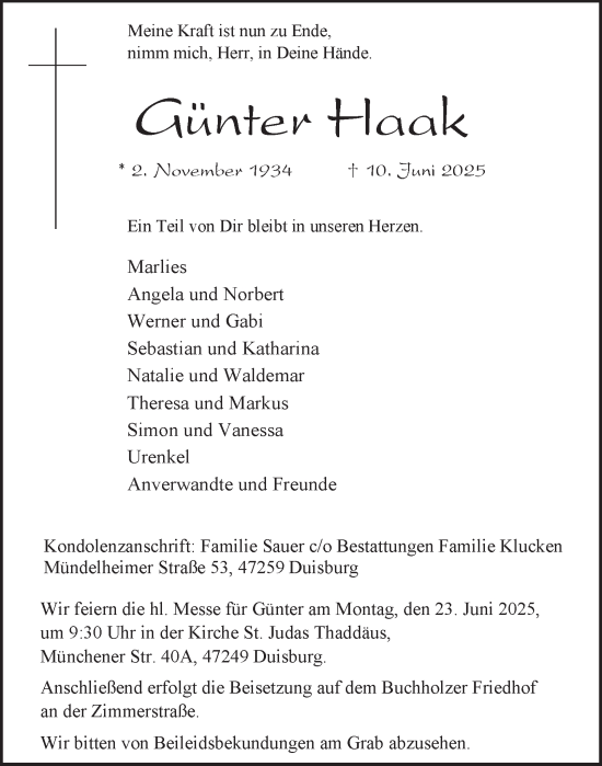 Traueranzeige von Günter Haak von Tageszeitung