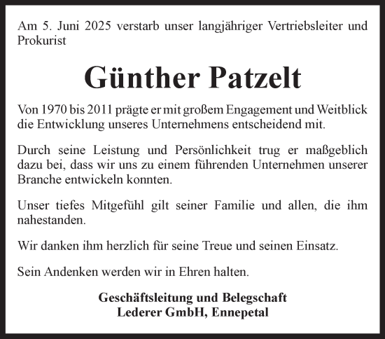 Traueranzeige von Günther Patzelt von Tageszeitung