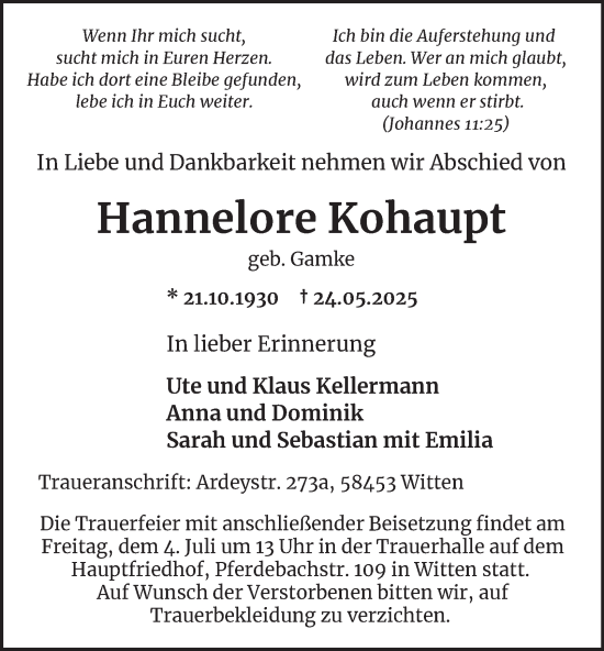 Traueranzeige von Hannelore Kohaupt von Tageszeitung