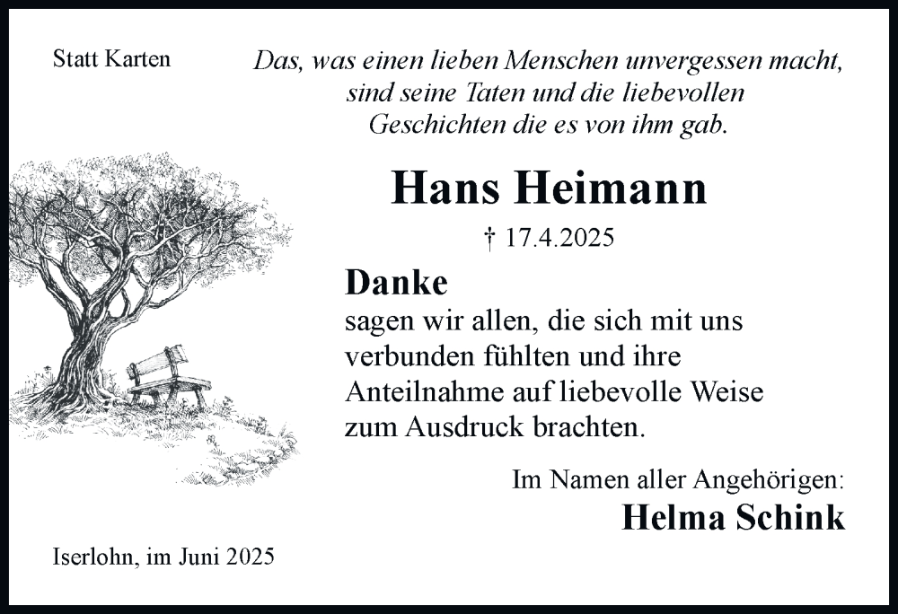  Traueranzeige für Hans Heimann vom 07.06.2025 aus Tageszeitung