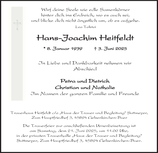 Traueranzeige von Hans-Joachim Heitfeldt von Tageszeitung