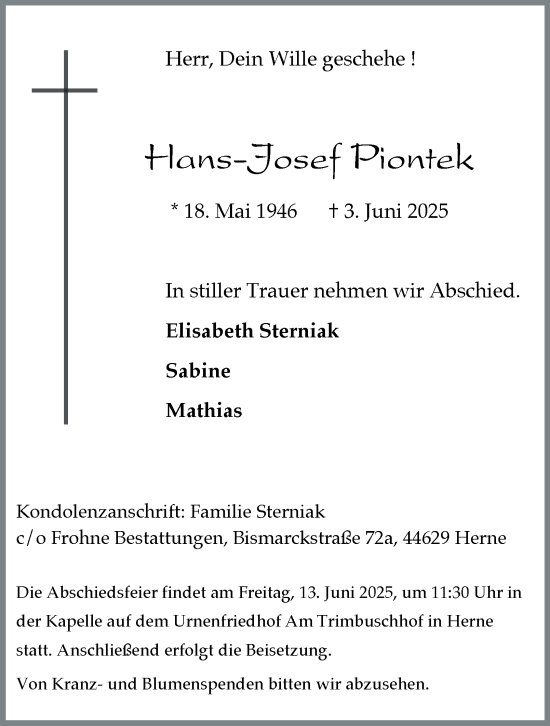 Traueranzeige von Hans-Josef Piontek von Tageszeitung