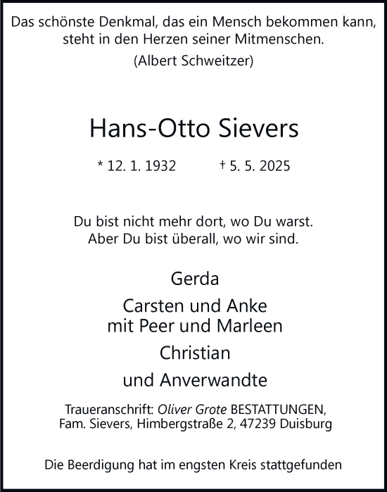 Traueranzeige von Hans-Otto Sievers von Tageszeitung