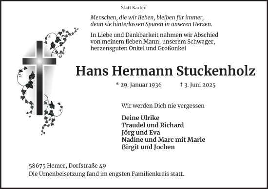 Traueranzeige von Hans Hermann Stuckenholz von Tageszeitung