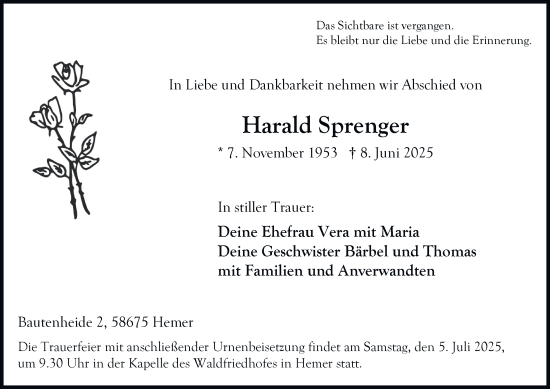 Traueranzeige von Harald Sprenger von Tageszeitung