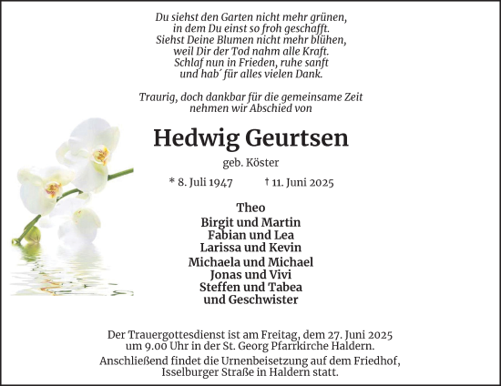 Traueranzeige von Hedwig Geurtsen von Tageszeitung