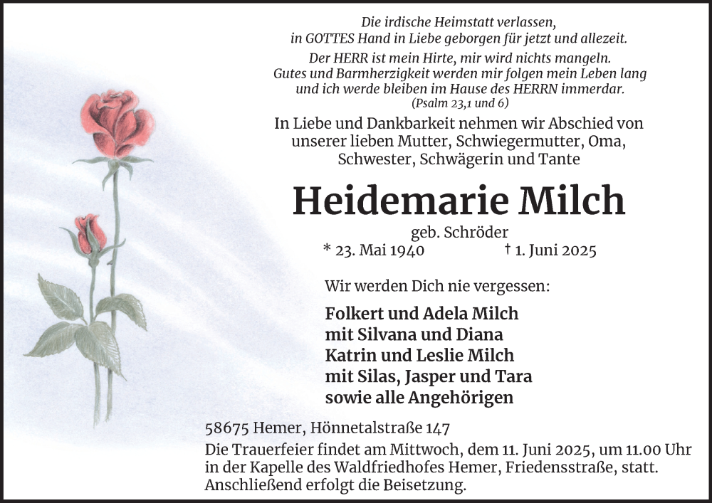  Traueranzeige für Heidemarie Milch vom 07.06.2025 aus Tageszeitung