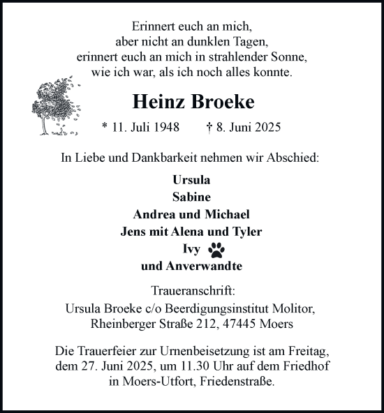 Traueranzeige von Heinz Broeke von Tageszeitung