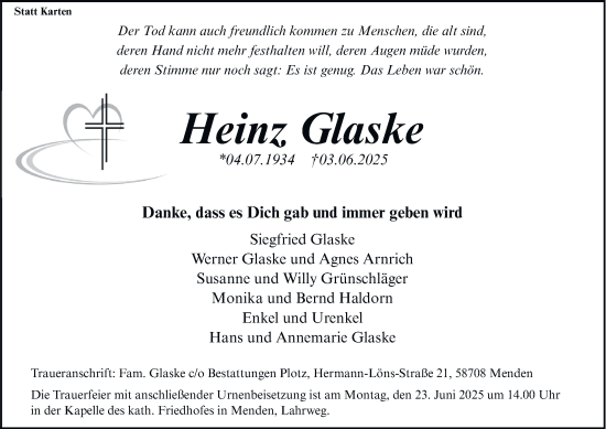 Traueranzeige von Heinz Glaske von Tageszeitung